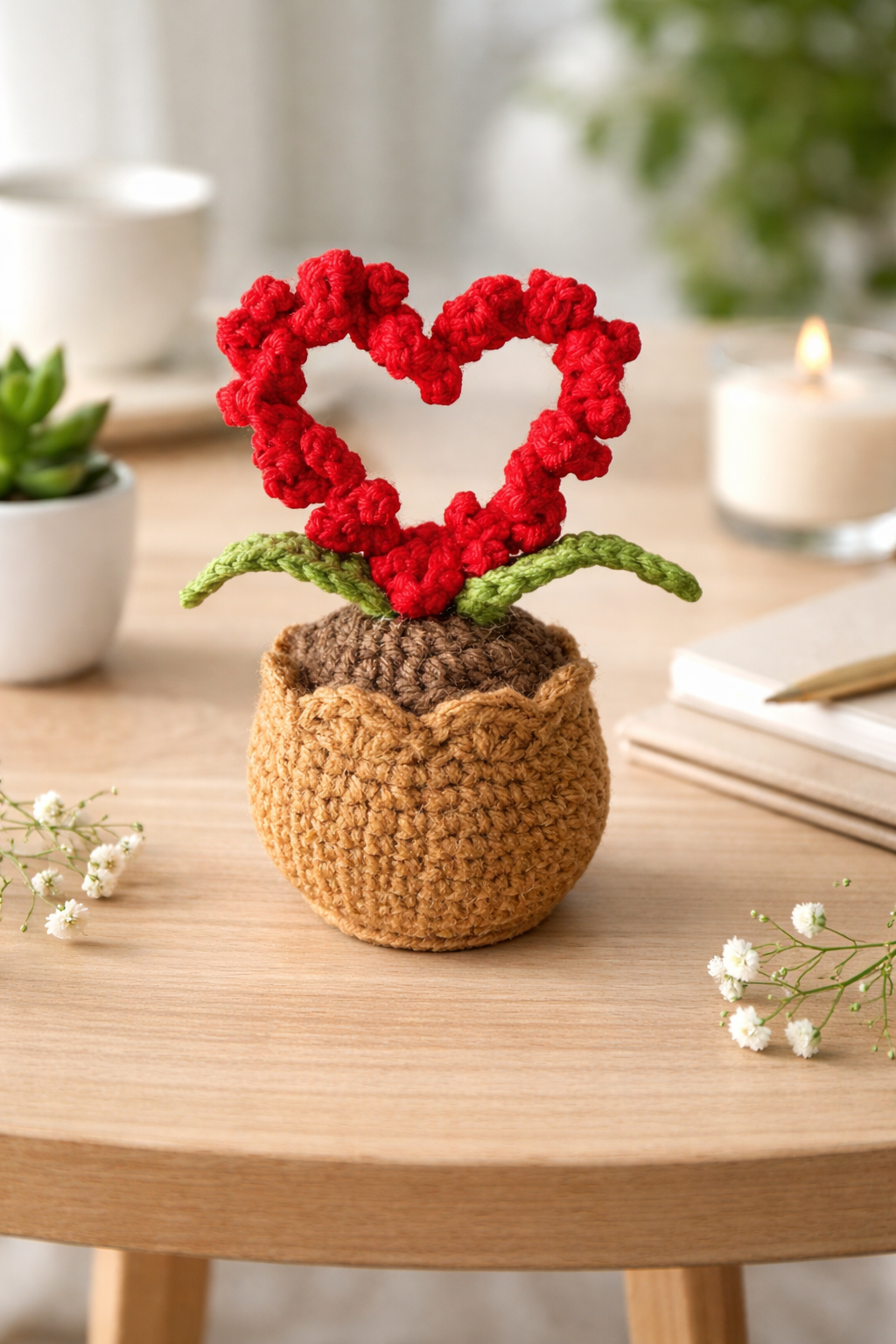 493★Heart cup ribbonデコ　モルタル雑貨　（お任せ植物付き） Handmade Crochet Heart Plant Table Decor | Valentine Gift | Cute