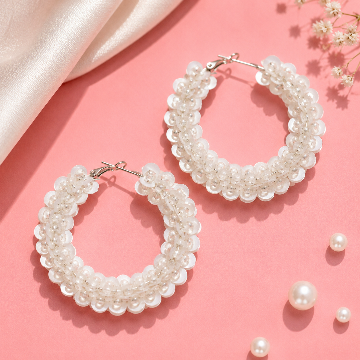 Moonflower Hoop Earrings | White Floral Sequin Statement Hoops | Handmade Earrings by House of Bulbul
