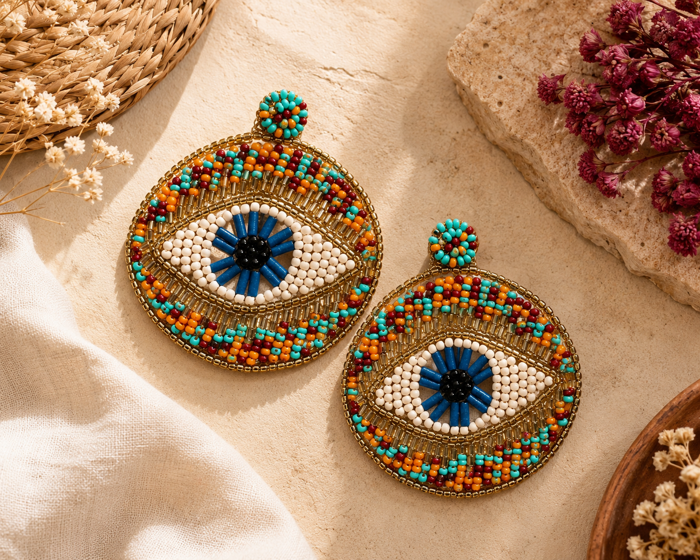 Handmade Boho Evil Eye Statement Earrings | Beaded Artisan Earrings for Women | House of Bulbul