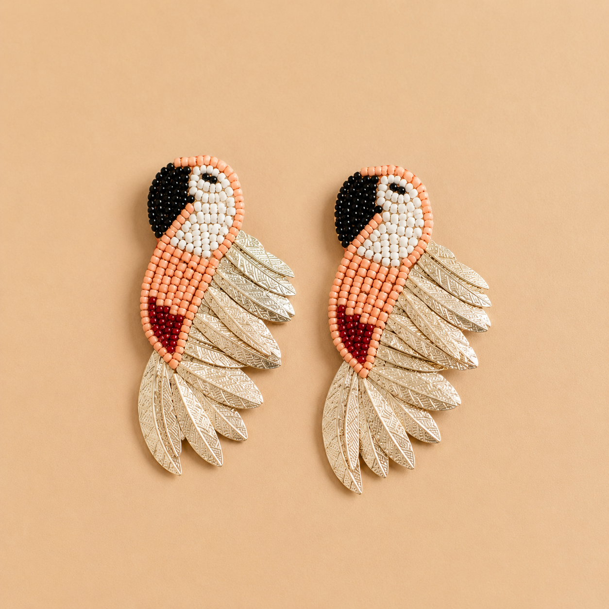 Peach Beaded Bird Statement Earrings | Handmade Tropical Earrings | House of Bulbul