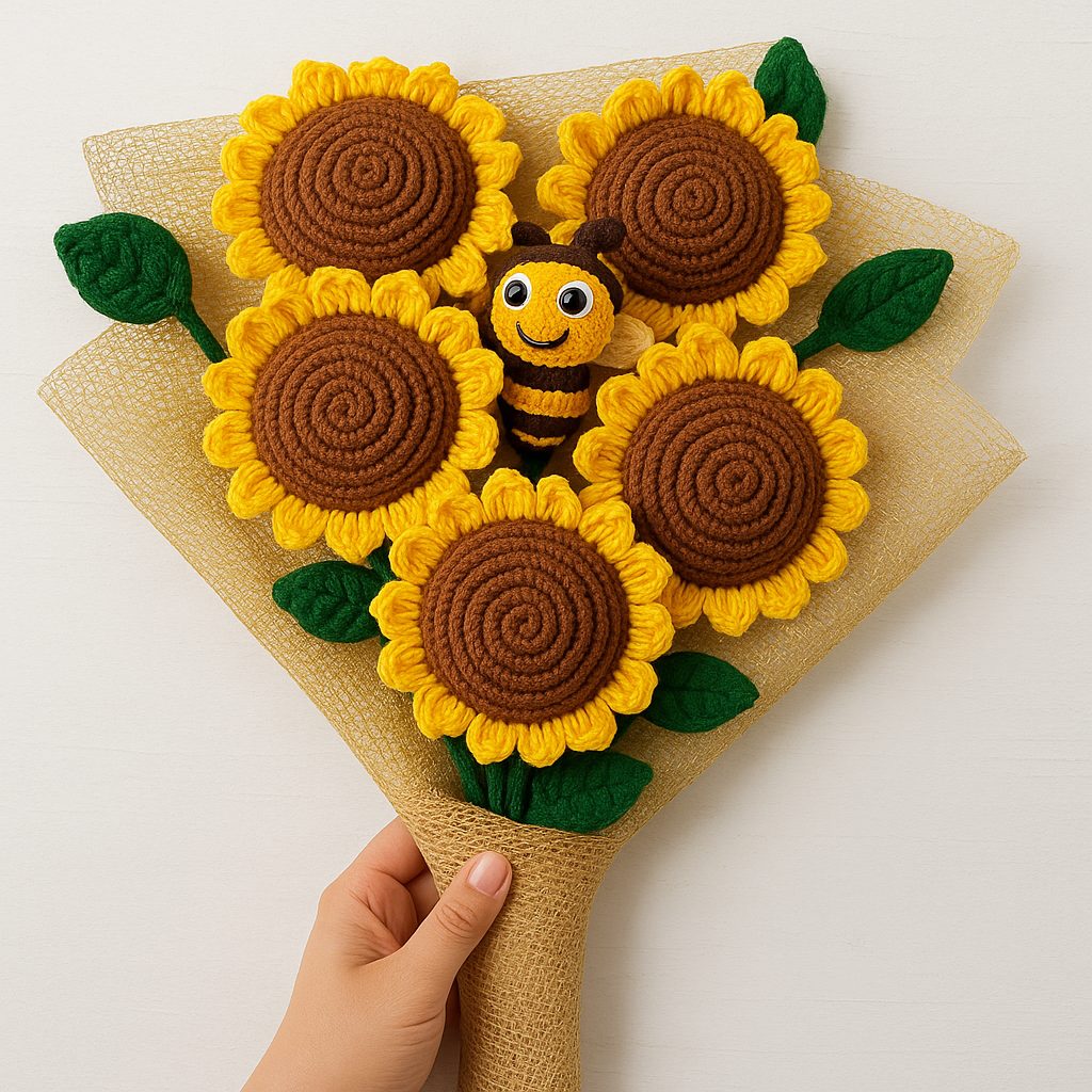 Handmade Crochet Sunflower Bouquet with Cute Bee | Unique Gift | Home Décor | House of Bulbul