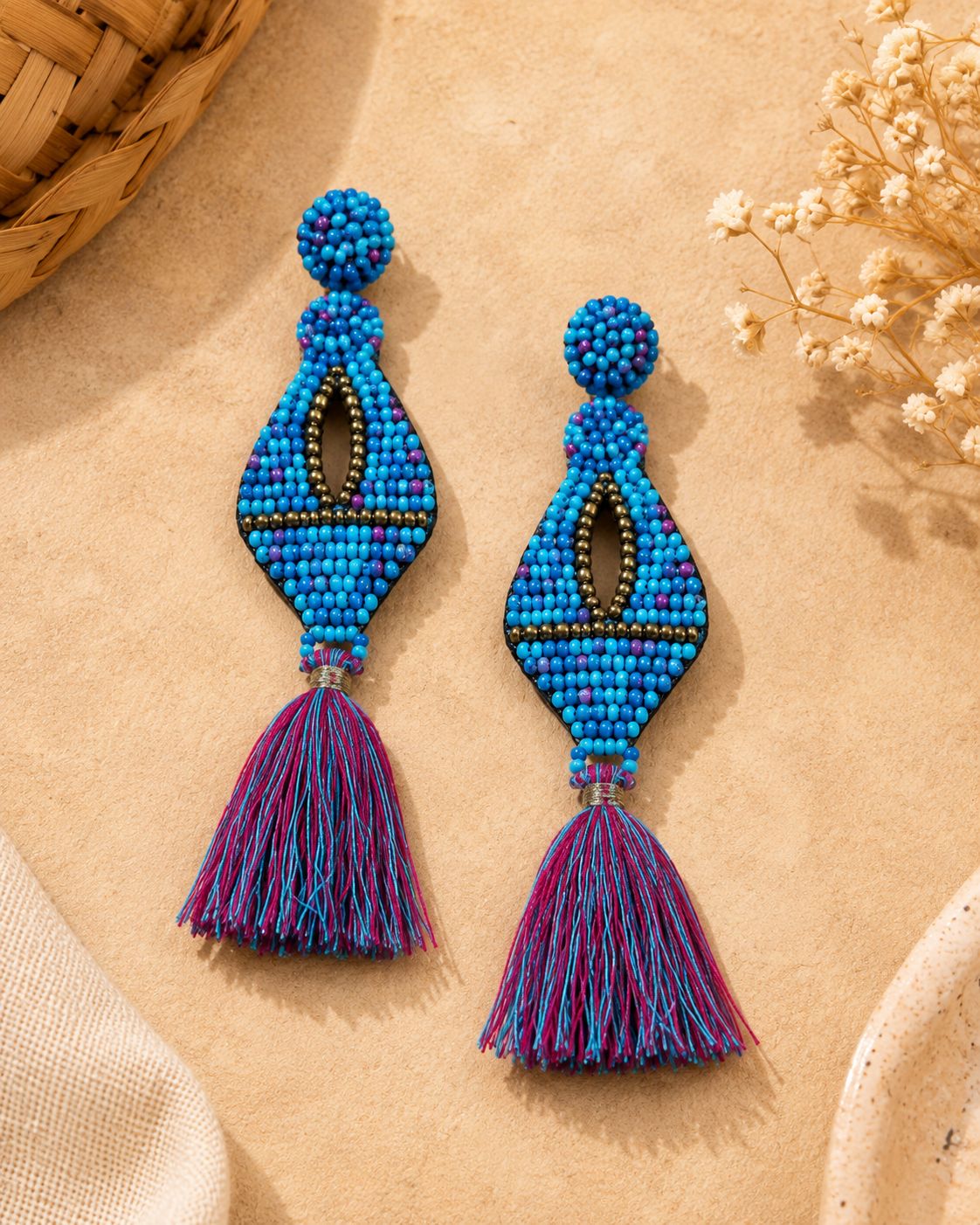 Boho Tassel Earrings | Blue Beaded Statement Earrings | Handmade Jewelry by House of Bulbul