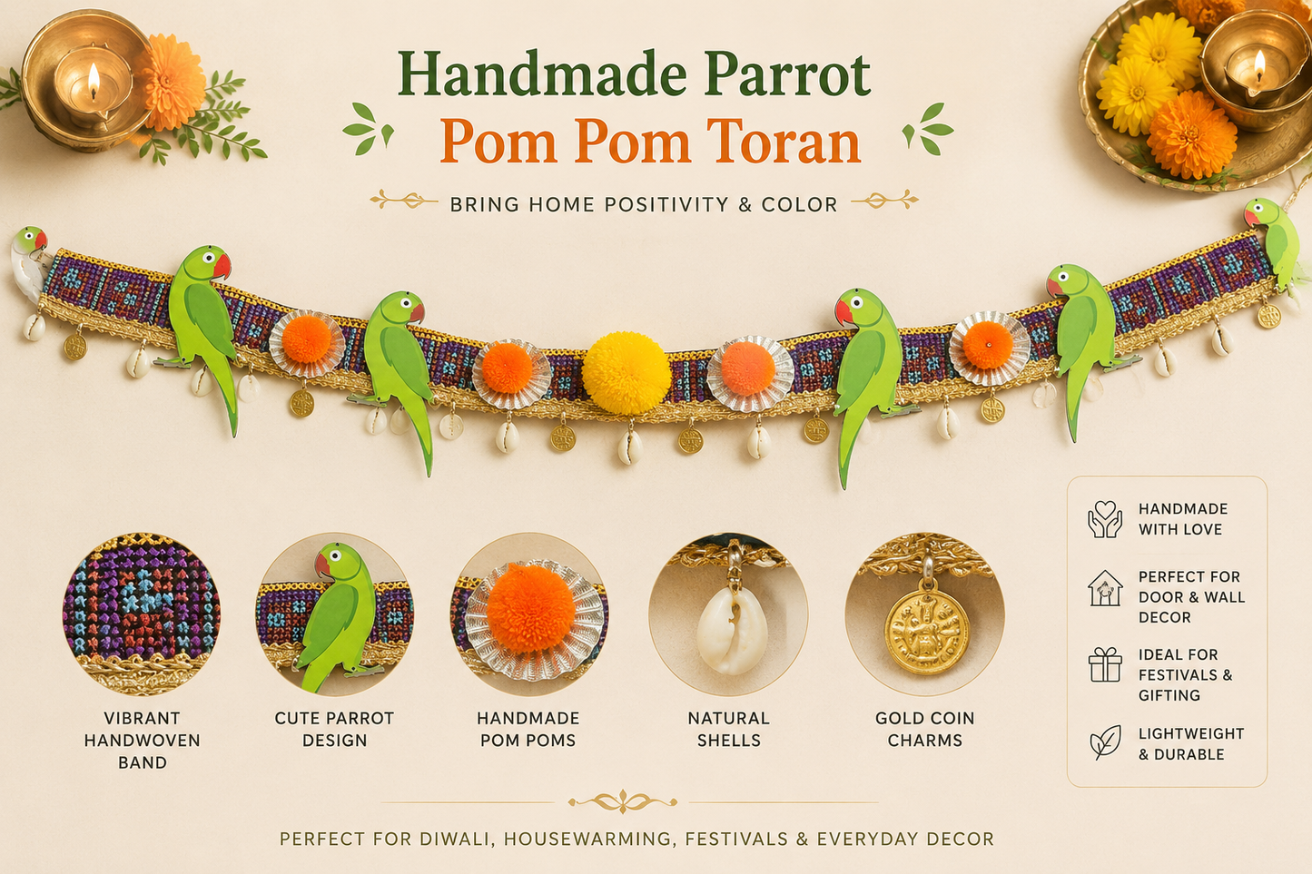 Handmade Parrot Toran for Door Decoration | Boho Wall Hanging | House of Bulbul