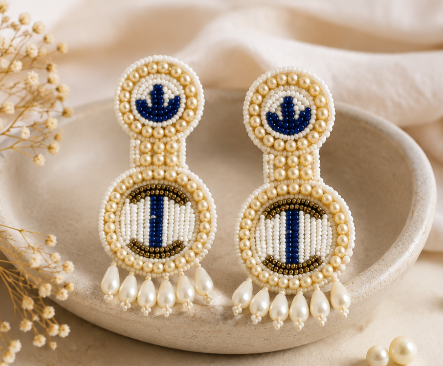 Indigo Pearl Statement Earrings | Handmade Beaded Earrings | House of Bulbul
