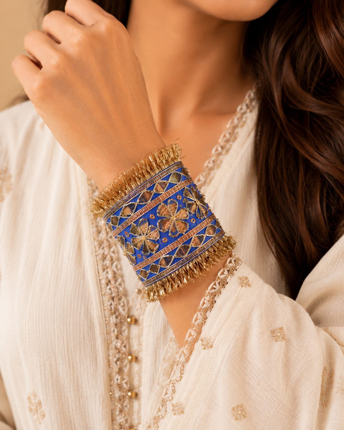 Royal Blue Gota Patti Statement Cuff Bracelet | Handmade Embroidered Boho Wrist Cuff | House of Bulbul