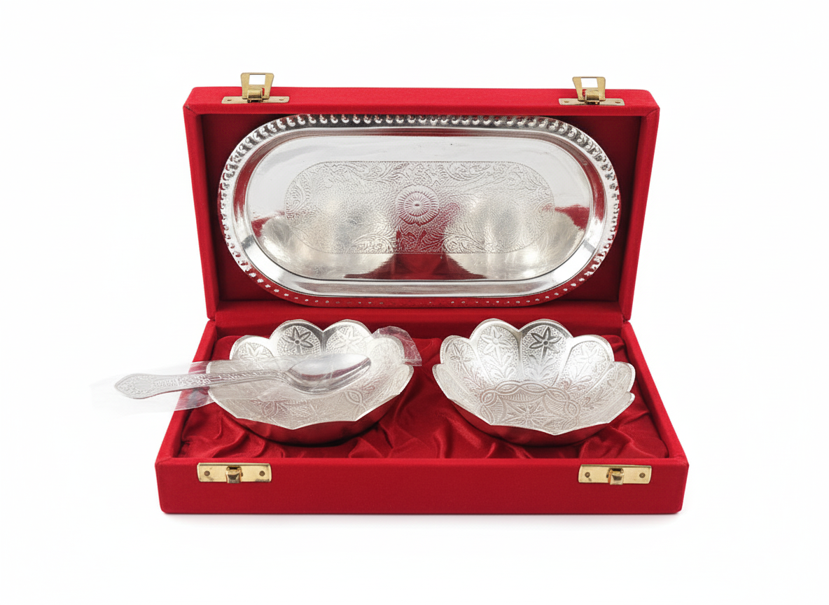 Premium Silver-Plated 2 Bowl Set with Tray & Spoons in Velvet Gift Box