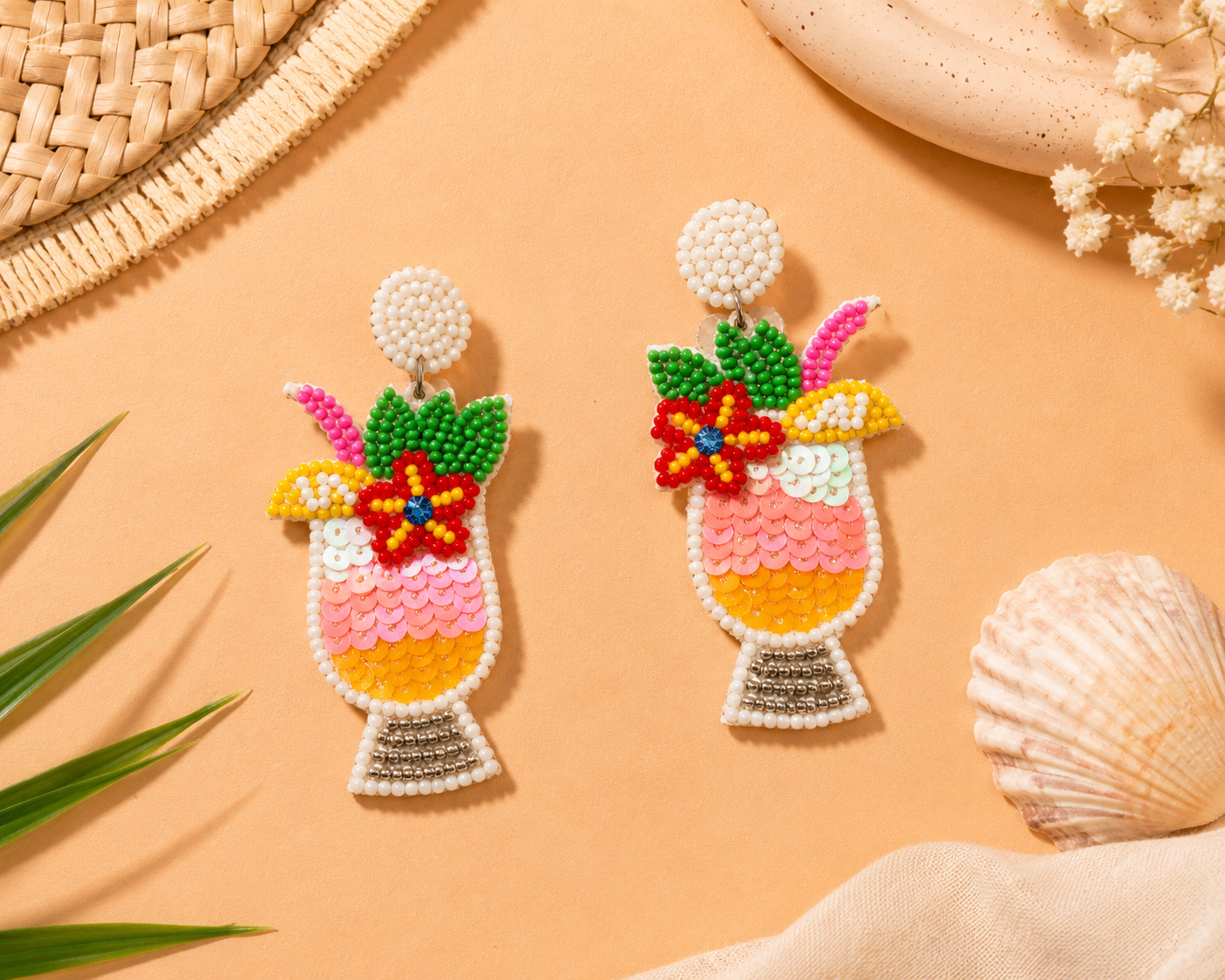 Tropical Cocktail Earrings | Handmade Beaded Statement Earrings | Vacation Jewelry by House of Bulbul