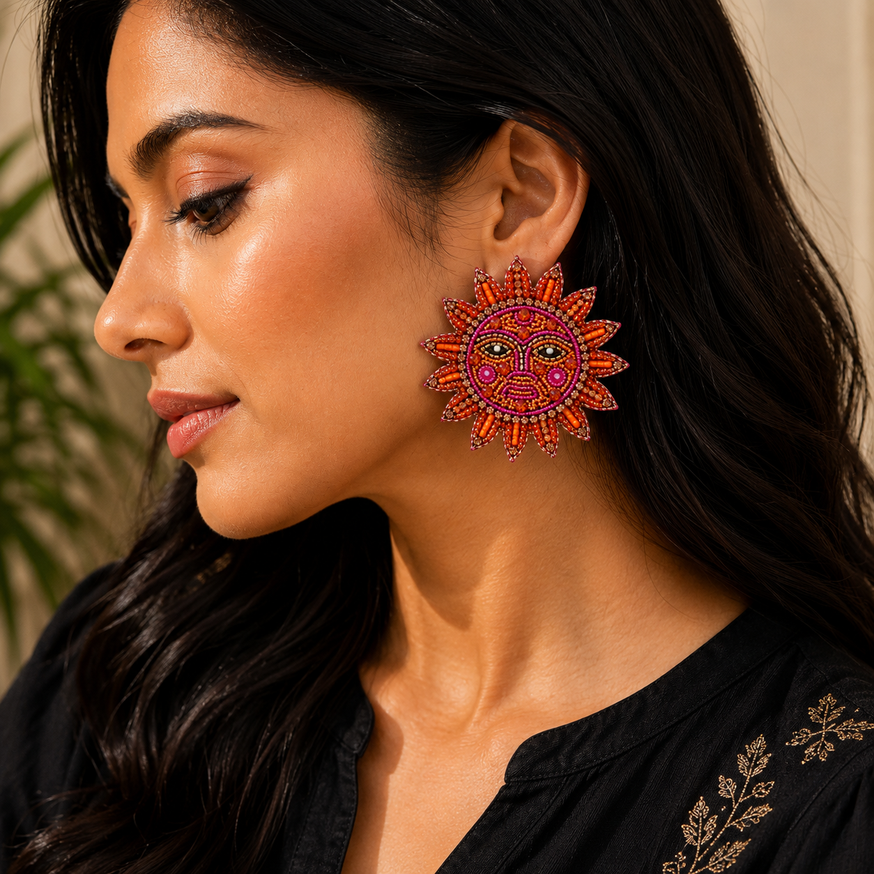 Handmade Sun Face Statement Earrings | Bohemian Beaded Celestial Earrings | House of Bulbul