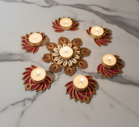 Handmade Wooden Rangoli Tealight Holder Set | Decorative Diya Plate for Diwali & Festive Home Décor