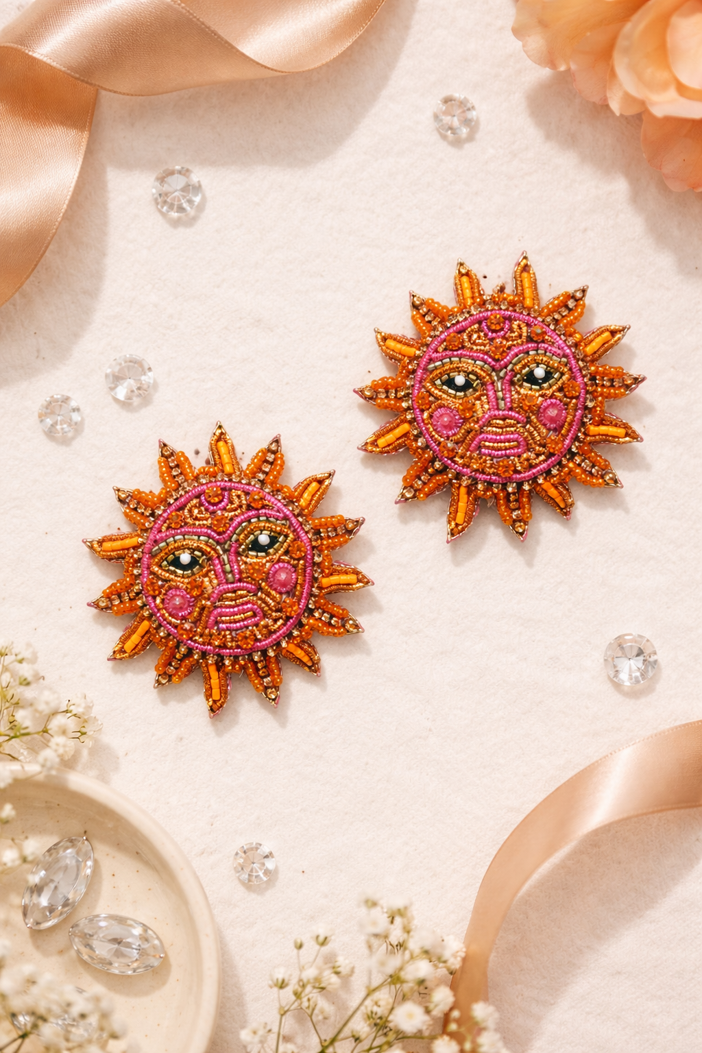 Handmade Sun Face Beaded Earrings | Statement Boho Earrings for Women | Festive Ethnic Jewelry Handcrafted Sun Motif Earrings – Bold Beaded Statement Jewelry for Women