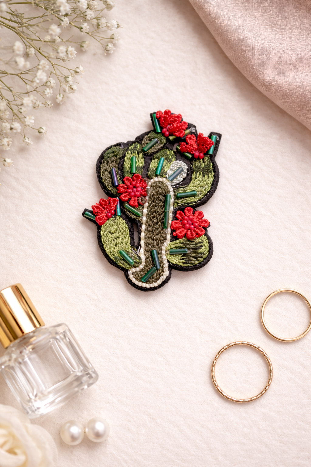 Handmade Cactus Embroidered Brooch | Beaded Floral Lapel Pin for Women | Statement Artisan Accessory