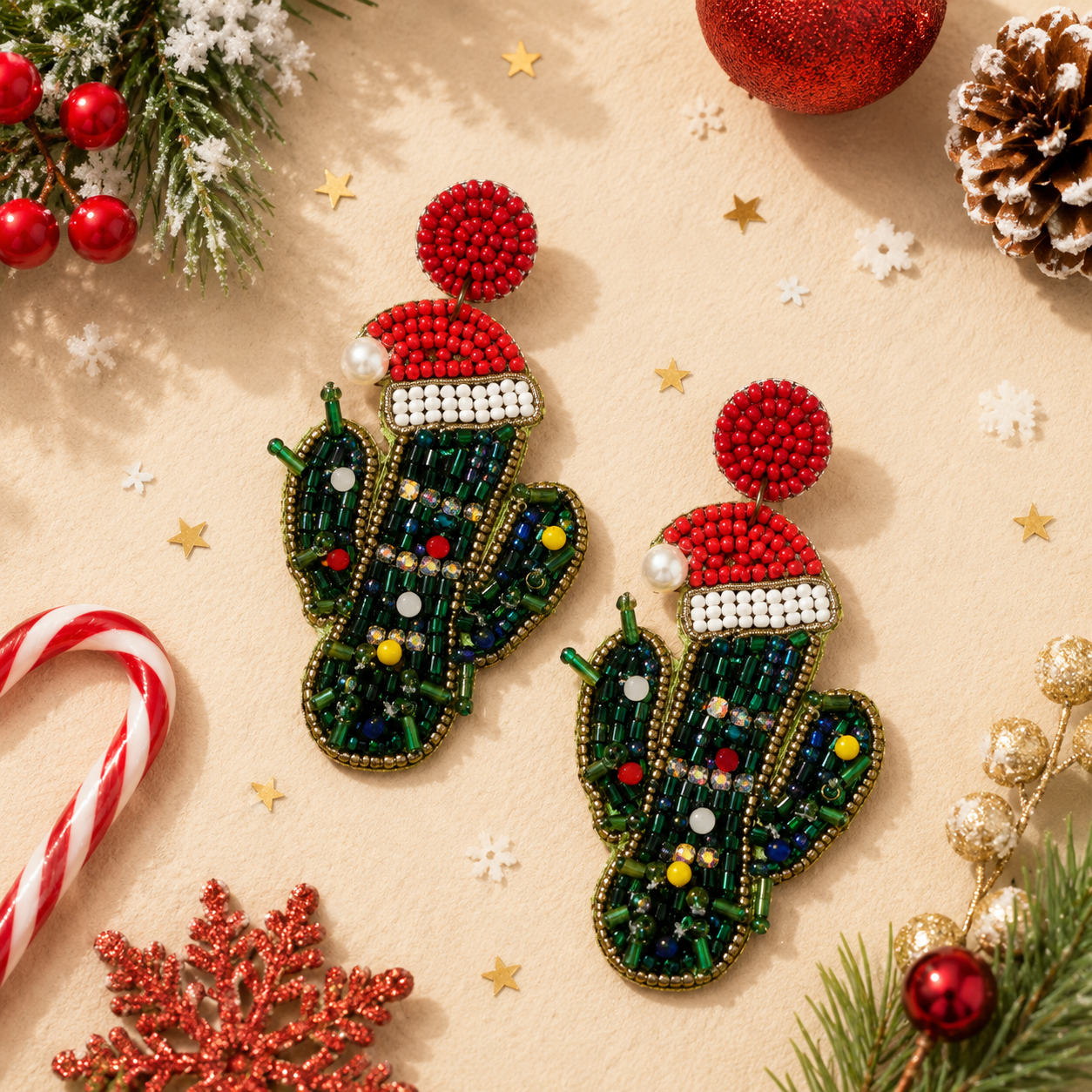 Christmas Cactus Earrings | Handmade Holiday Statement Earrings | Festive Beaded Jewelry by House of Bulbul