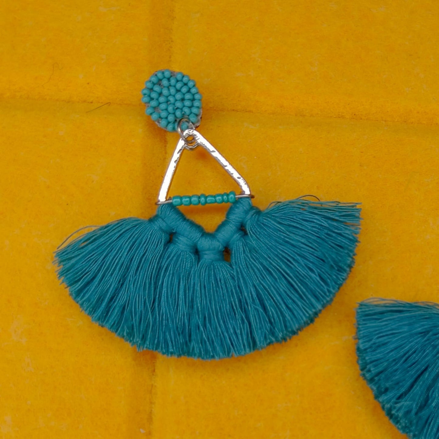 Teal handmade tassel earrings