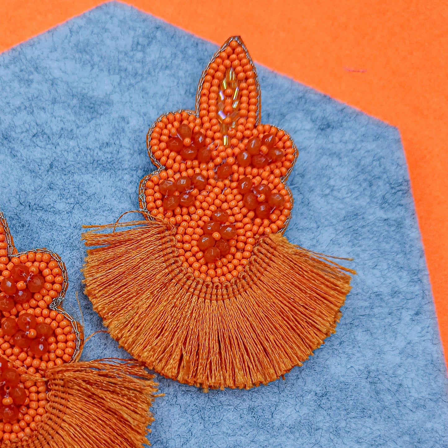 Orange tribal handmade beaded earring