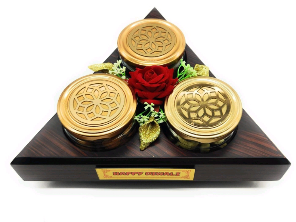 DG35- 11.5x4 inch MDF Revolving Triangle Tray with 3 Salsa Jars with 150gm Cashew, 150gm Almond and 150gm Raisin