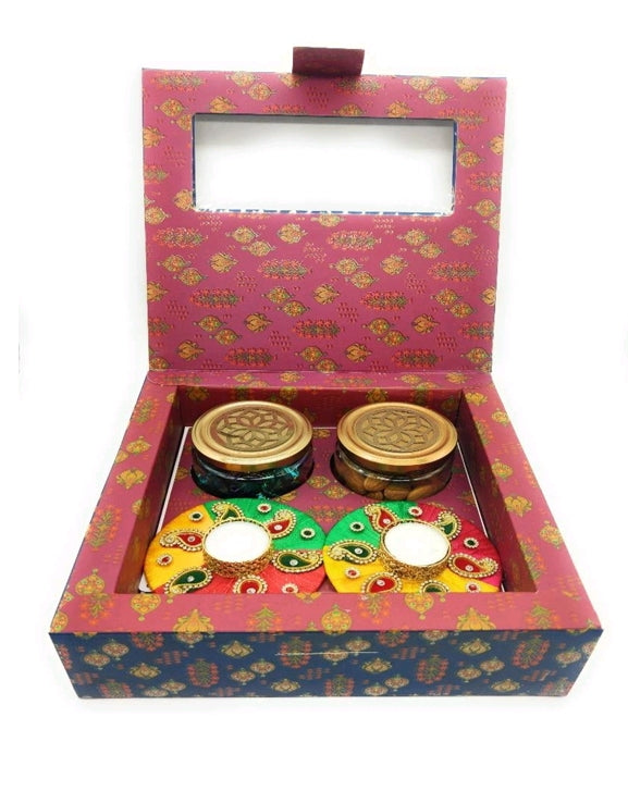 DG18- 11x11x4 inch Craft Paper Gift box with T- Light Holder 2pc, Chocolate 8pc, Almonds 150gm in Glass Jar.