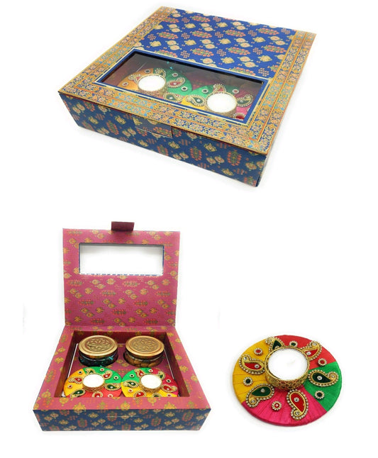 DG18- 11x11x4 inch Craft Paper Gift box with T- Light Holder 2pc, Chocolate 8pc, Almonds 150gm in Glass Jar.