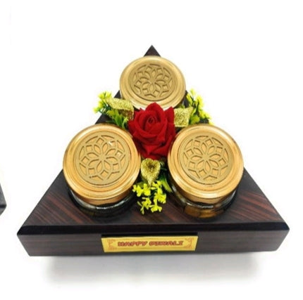 DG31-13x11x5 Inch Card Board Gift box with Scented Piller Candles 2Pcs, 11.5x4inch MDF Revolving Triangle Tray with 3 glass Jars with 150gm Cashew, 150gm Almond, 150gm Raisin