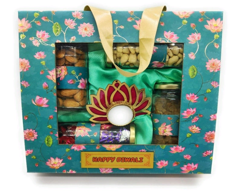 DG34- 11x11x3 Inch Card Board Gift Box with 4 Glass Jars with 125gm Cashew, 125gm Almond, 125gm Raisin, 8 Chocolates and 4 Inch Lotus T-light holder-1pc