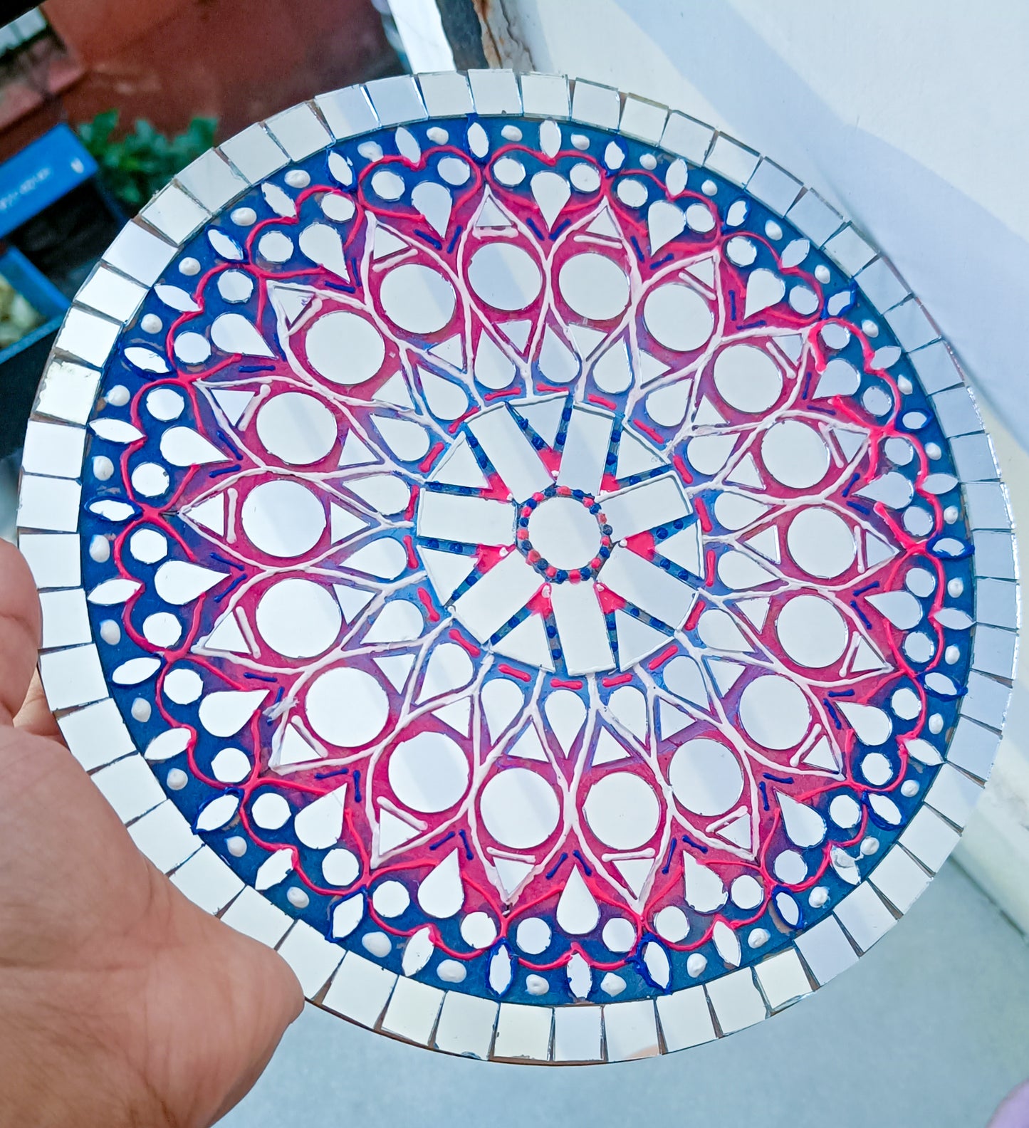 Pink blue mandala themed wall plate