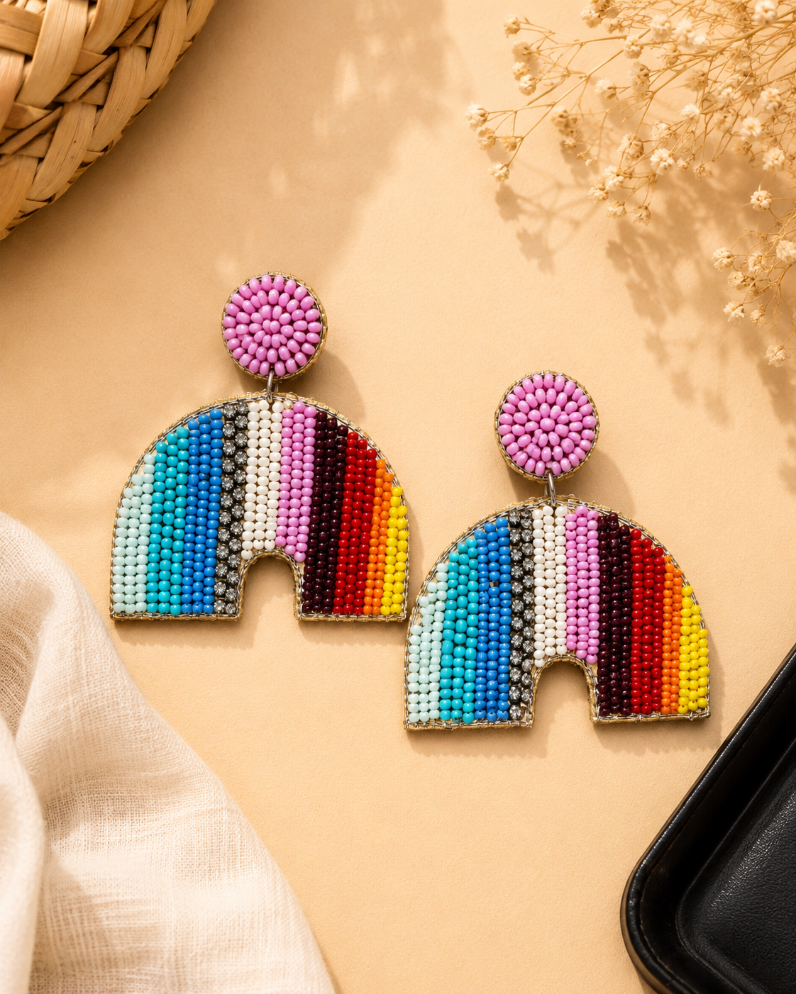 Rainbow Beaded Arch Earrings | Handmade Colorful Statement Earrings | House of Bulbul