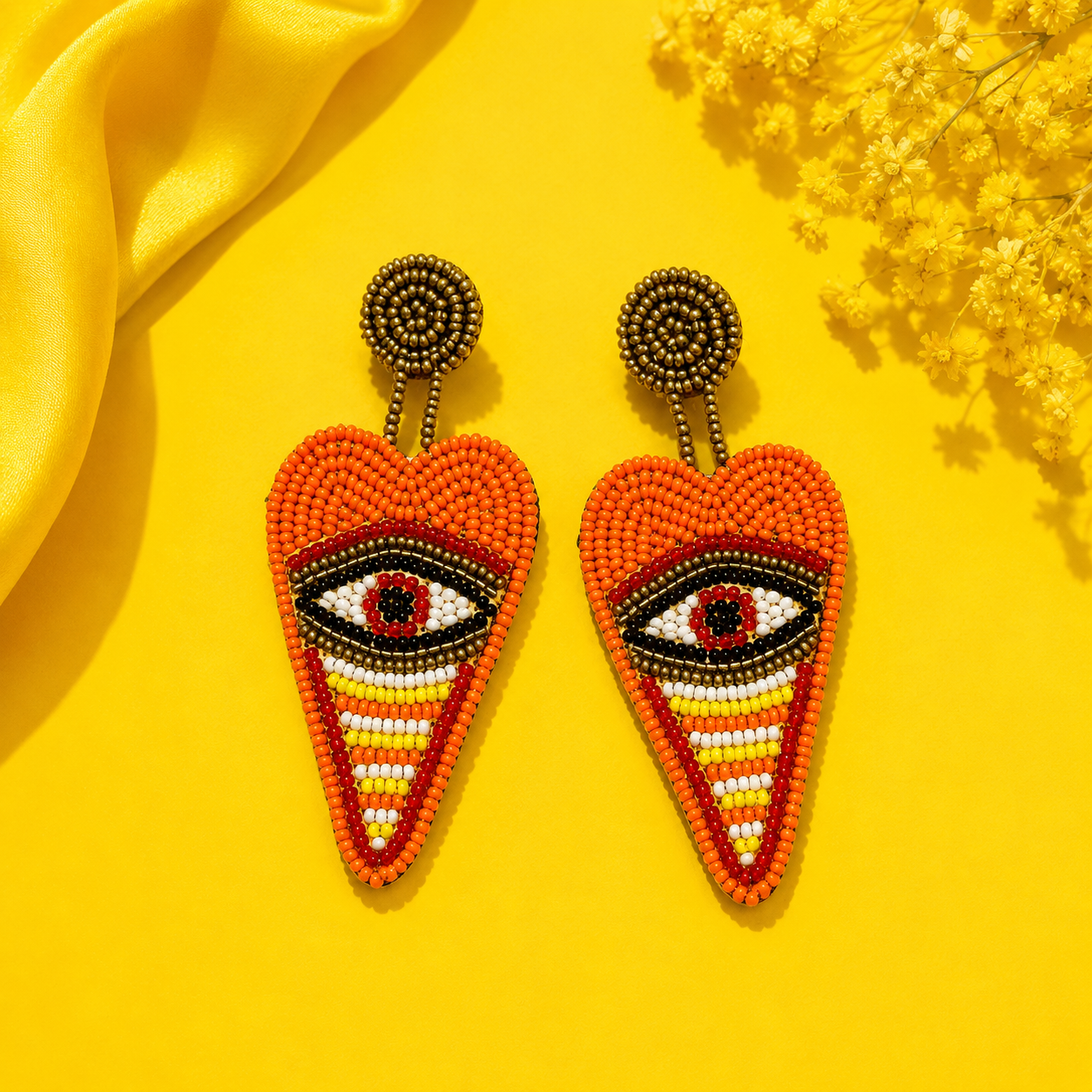 Orange Evil Eye Beaded Statement Earrings | Handmade Boho Protection Earrings