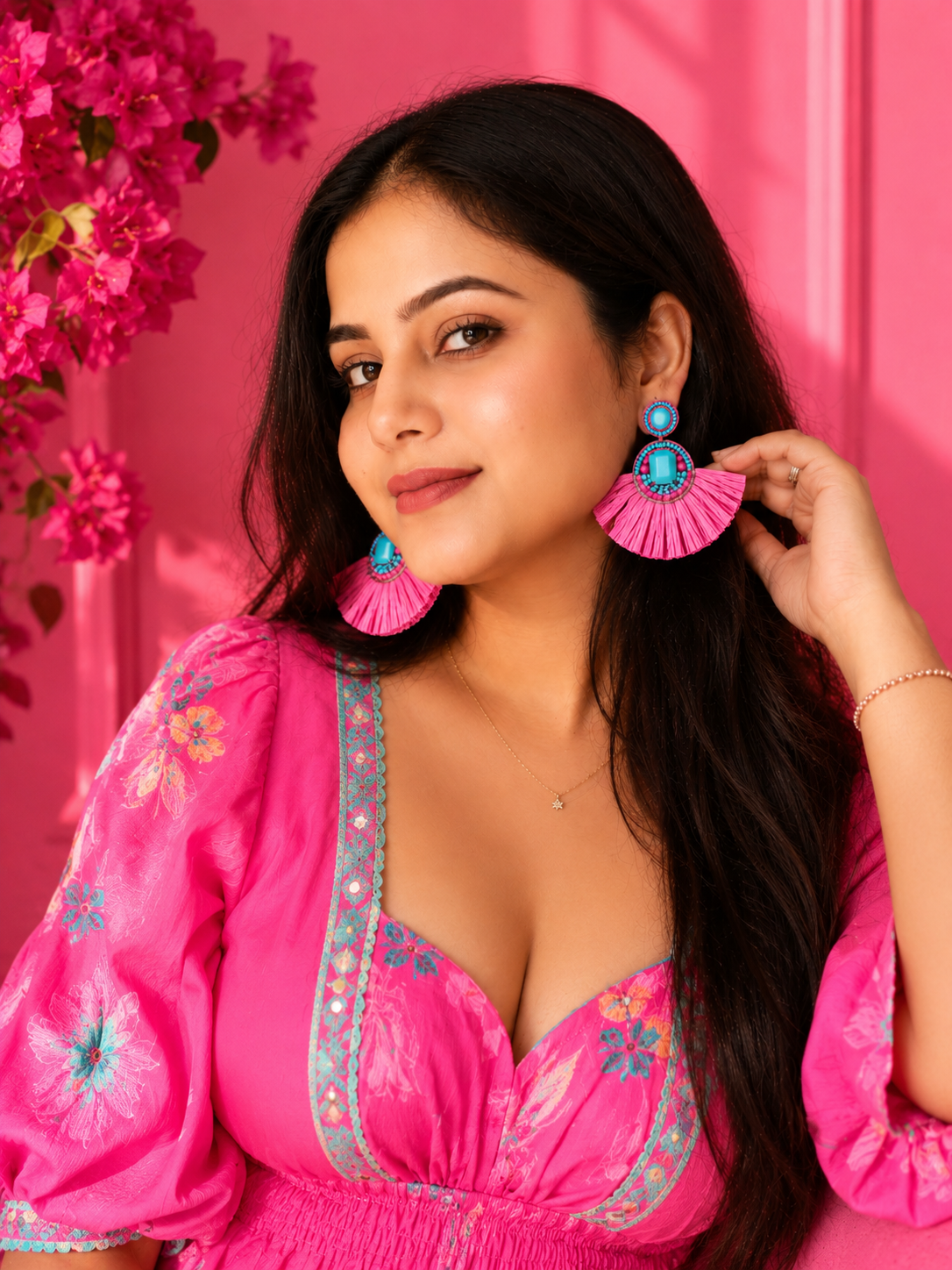Pink & Turquoise Raffia Statement Earrings | Boho Fringe Earrings for Women | House of Bulbul
