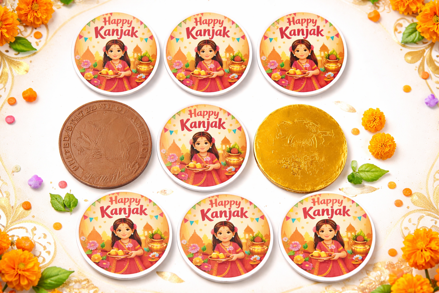 Happy Kanjak Chocolate Coin – Navratri Kanjak Return Gift Chocolate | Cute Little Goddess Sticker | House of Bulbul