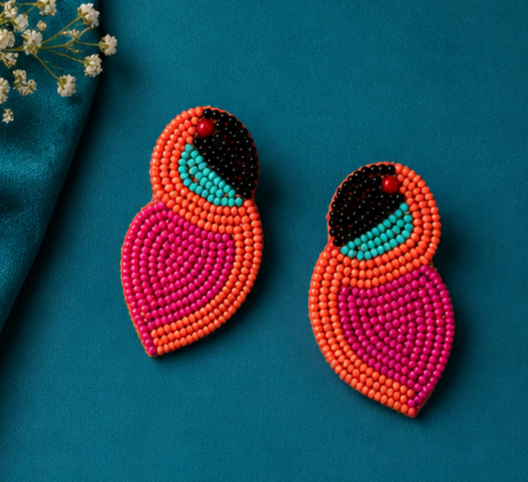 Tropical Bird Beaded Statement Earrings | Handmade Pink & Coral Earrings for Women | House of Bulbul