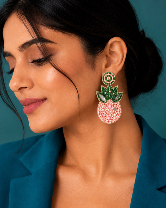 Pink Pineapple Beaded Statement Earrings | Handmade Tropical Earrings | House of Bulbul