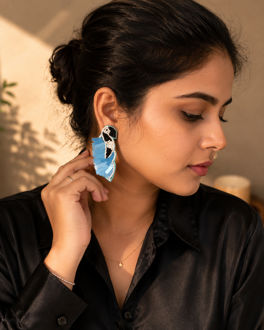 Blue Bird Beaded Statement Earrings | Handmade Sequin Bird Earrings