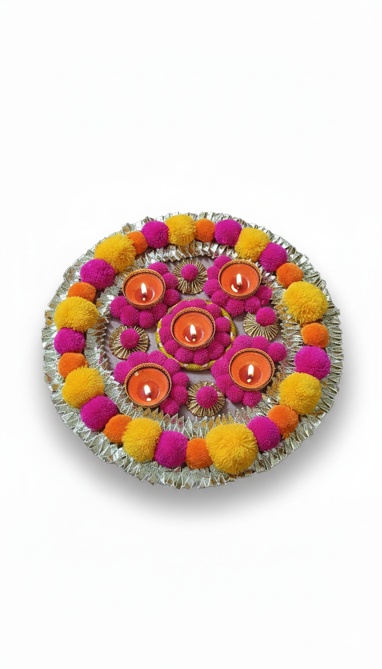 12 inch Decorative Rangoli Plate for Diwali | Handmade Pooja Thali with Diya Holder | Festive Home Decoration