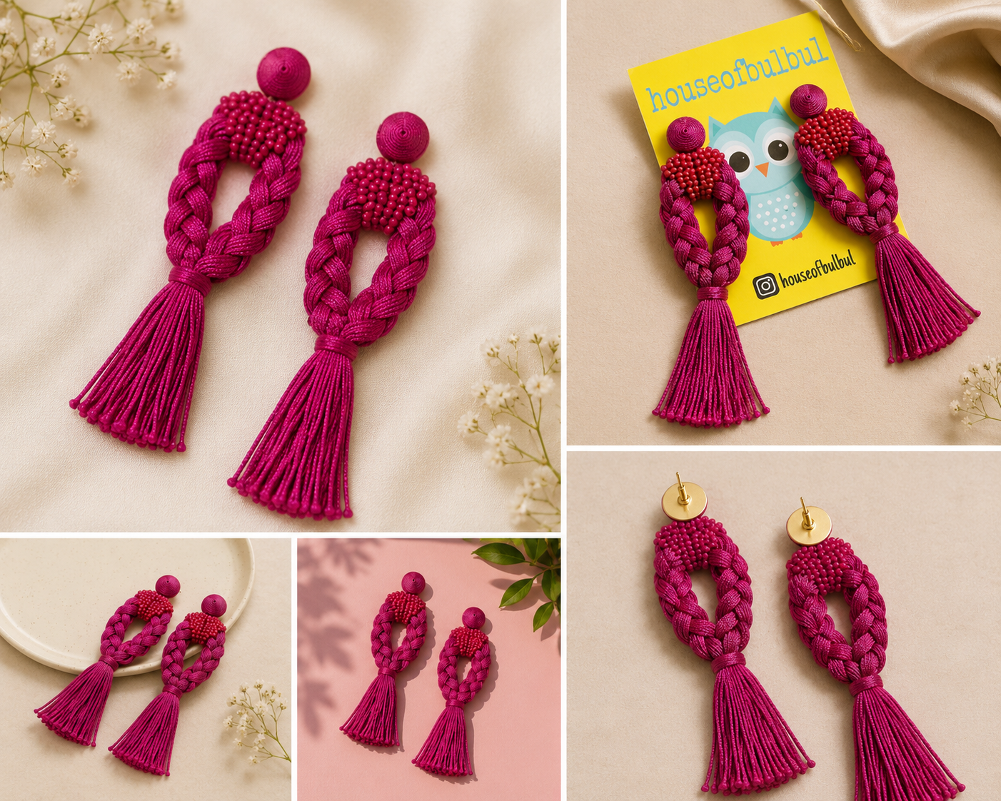 Hot Pink Braided Tassel Earrings | Handmade Statement Earrings for Women | House of Bulbul
