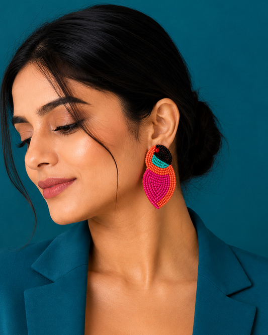 Tropical Bird Beaded Statement Earrings | Handmade Pink & Coral Earrings for Women | House of Bulbul