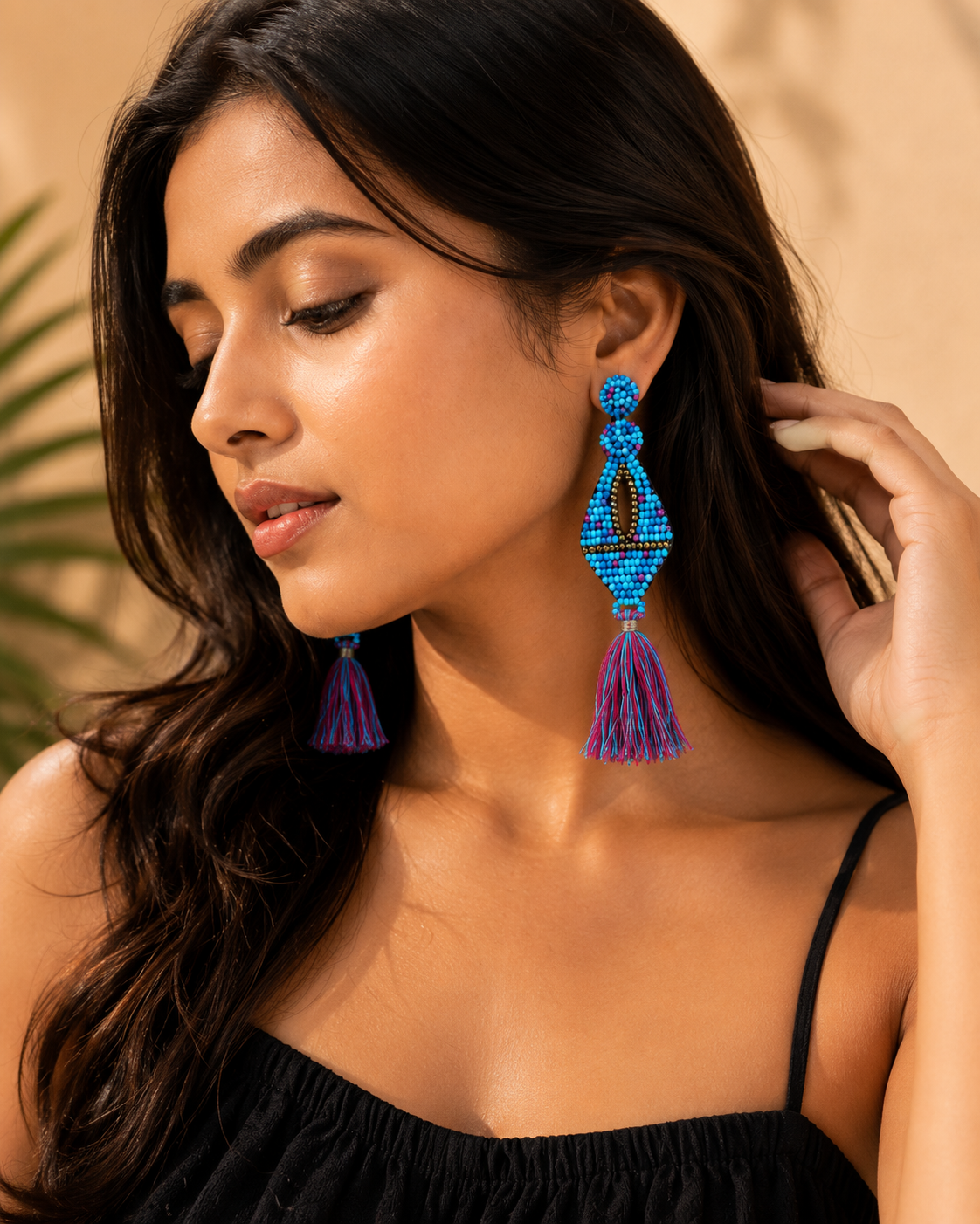 Boho Tassel Earrings | Blue Beaded Statement Earrings | Handmade Jewelry by House of Bulbul