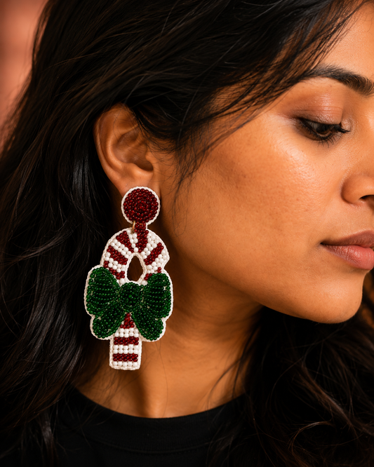 Candy Cane Bow Beaded Earrings | Handmade Christmas Statement Earrings | House of Bulbul