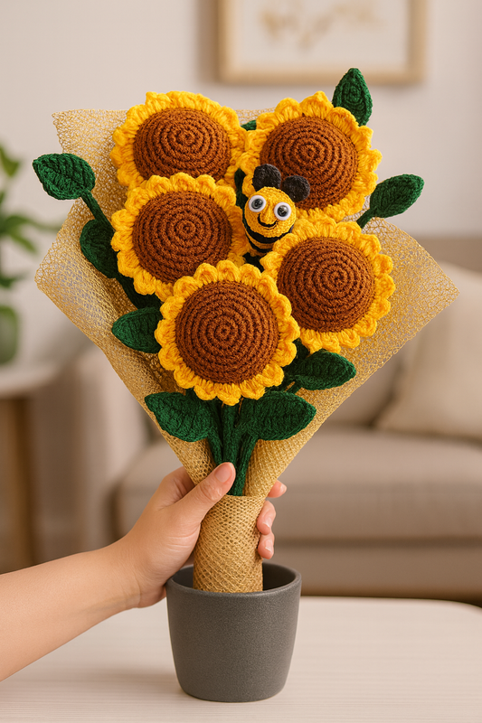 Handmade Crochet Sunflower Bouquet with Cute Bee | Unique Gift | Home Décor | House of Bulbul