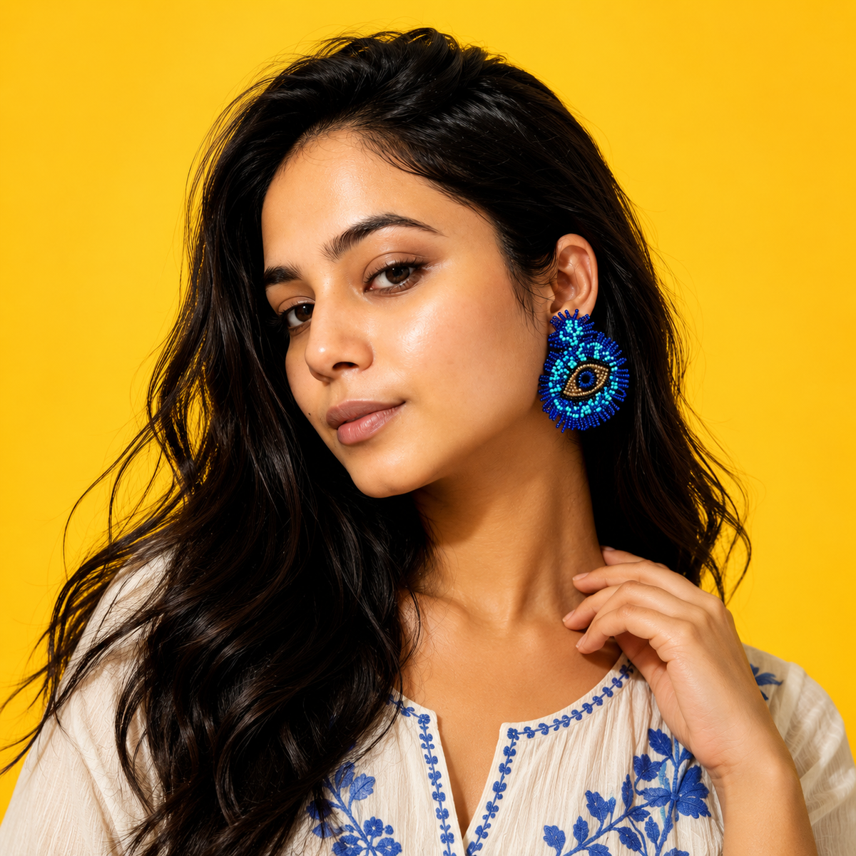 Evil Eye Beaded Statement Earrings for Women | Handmade Blue Boho Earrings | House of Bulbul