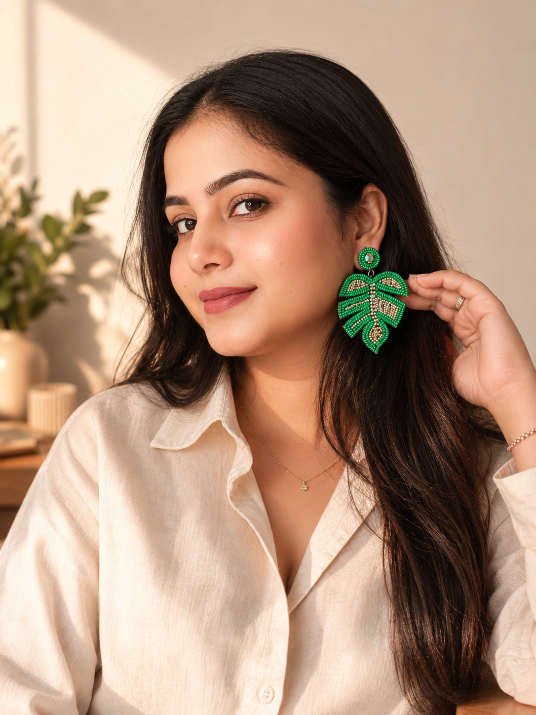 Monstera Leaf Beaded Statement Earrings | Handmade Green Tropical Earrings for Women | House of Bulbul