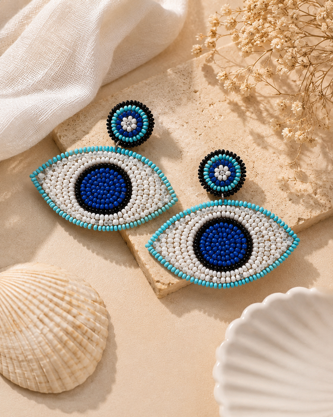 Handmade Evil Eye Beaded Statement Earrings for Women | Blue Nazar Boho Earrings | House of Bulbul