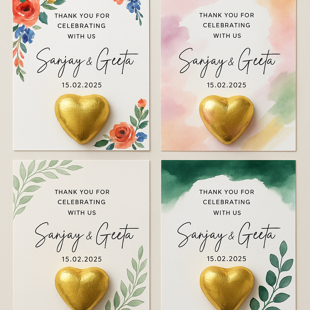 Personalised Wedding Favours | Gold Heart Chocolate Card | Custom Name Cards | Indian Wedding Gifts | Guest Thank You Cards