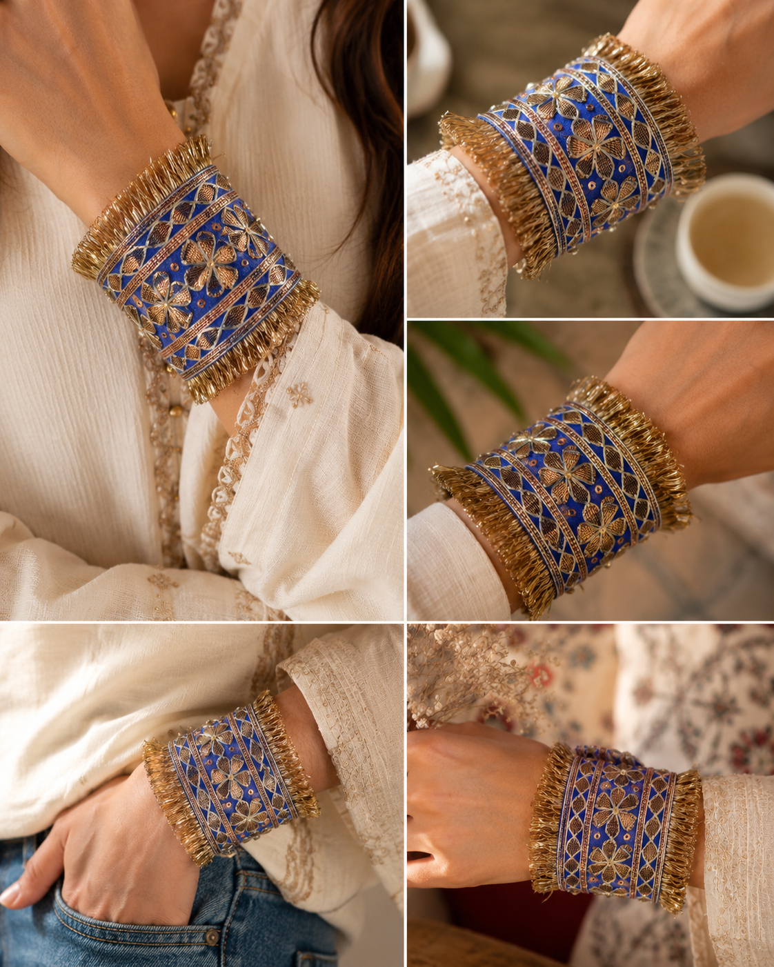Royal Blue Gota Patti Statement Cuff Bracelet | Handmade Embroidered Boho Wrist Cuff | House of Bulbul