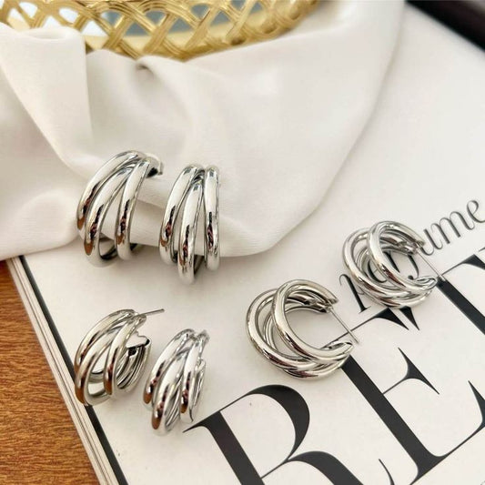 Triple Curved silver-Plated Hoop Earrings