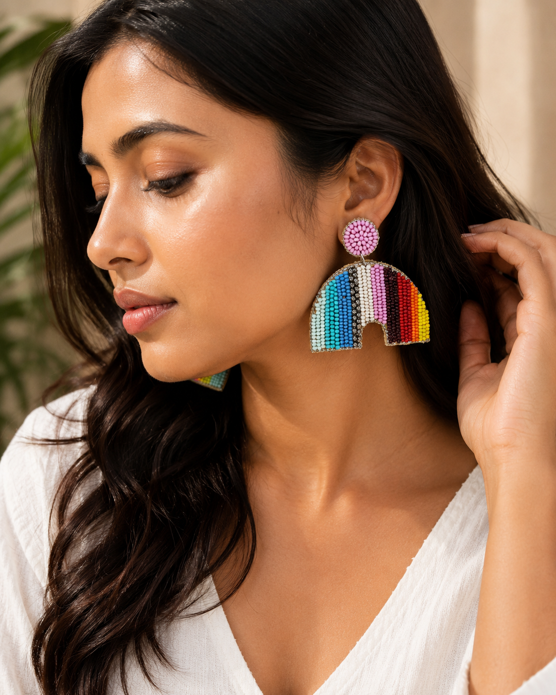 Rainbow Beaded Arch Earrings | Handmade Colorful Statement Earrings | House of Bulbul