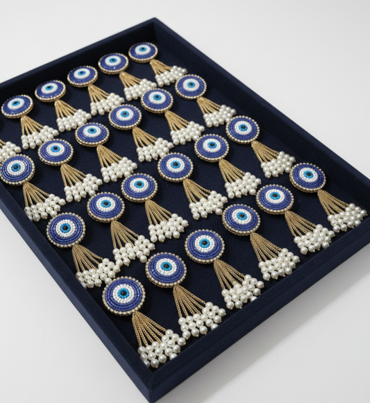 Evil Eye Beaded Brooch with Pearl Tassels - Wedding, Haldi & Mehndi Accessory