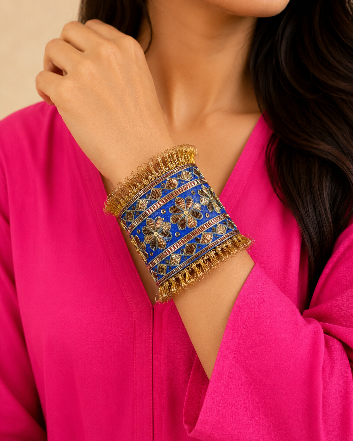 Royal Blue Gota Patti Statement Cuff Bracelet | Handmade Embroidered Boho Wrist Cuff | House of Bulbul