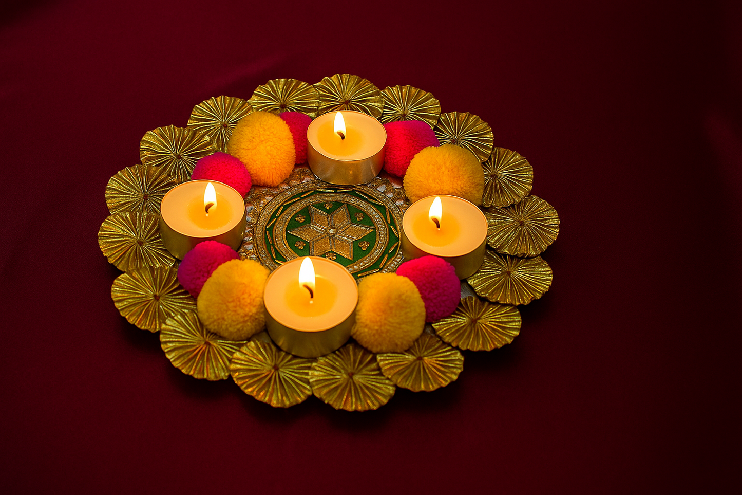 Festive Golden Rangoli Plate 8 inch with Tealight Candles