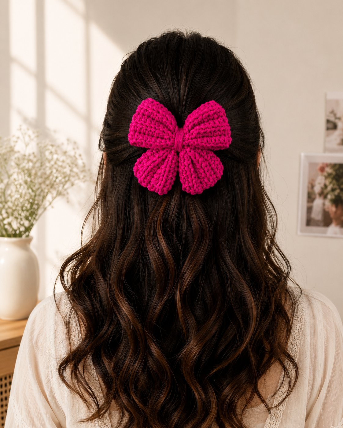 Handmade Crochet Hair Bow Clip – Hot Pink | House of Bulbul