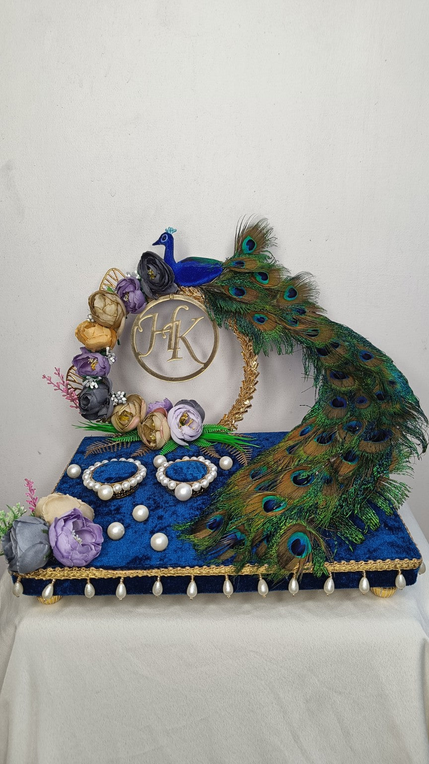 Peacock Theme Ring Platter for Wedding | Custom Initial Ring Tray with Pearls & Feathers