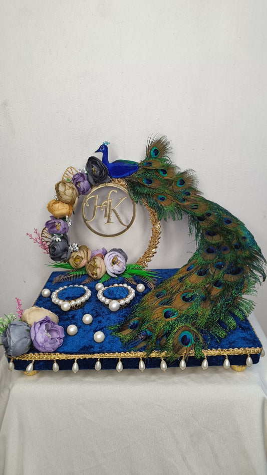 Peacock Theme Ring Platter for Wedding | Custom Initial Ring Tray with Pearls & Feathers